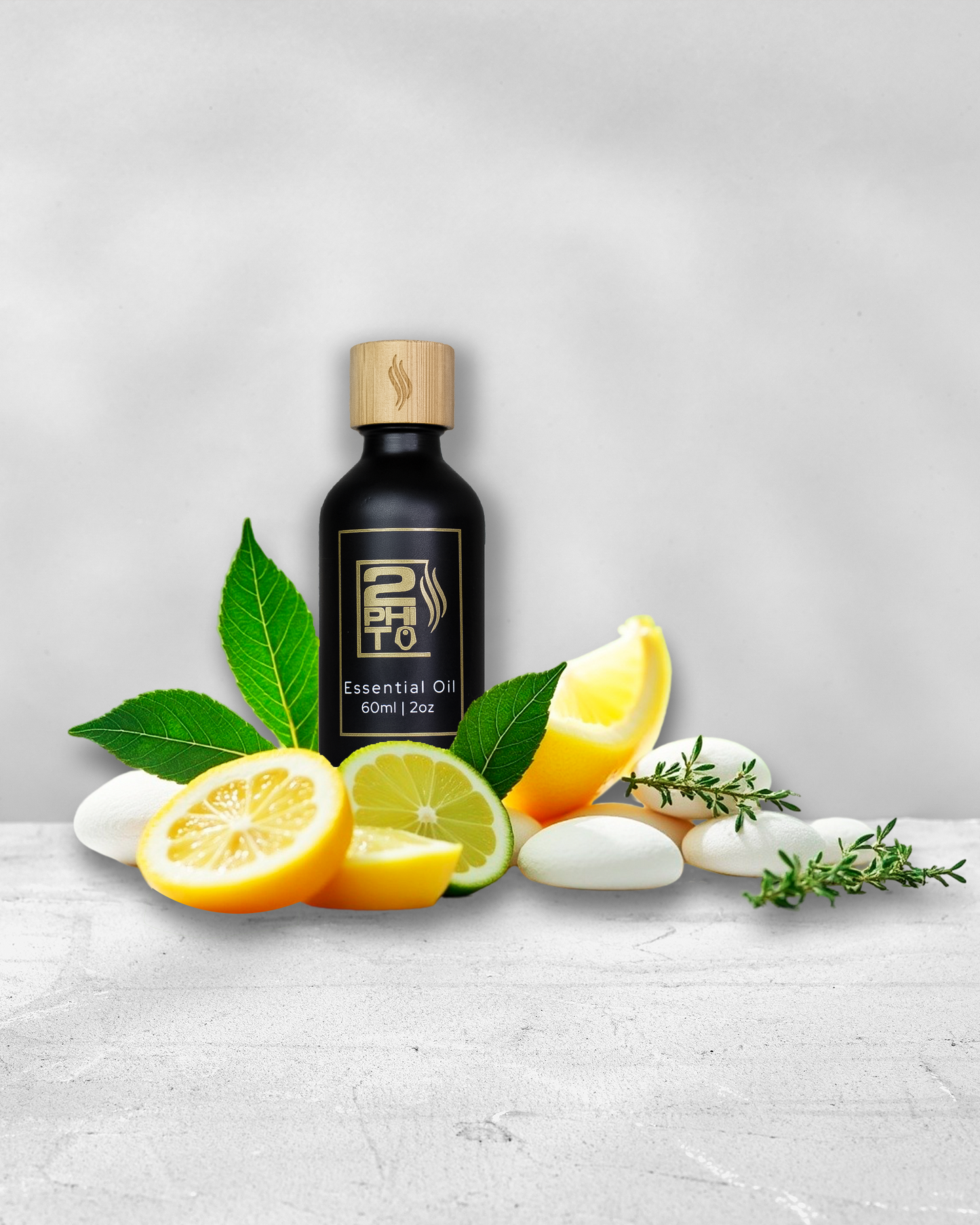 Essential oil bottle surrounded by fresh lemons, limes, and green leaves on a light surface.