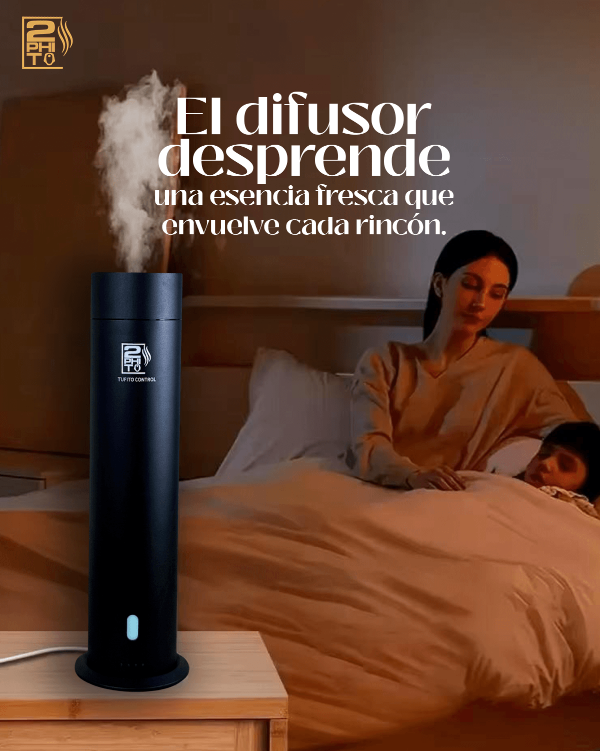Brisa Aroma Jr. en una habitación, difusor de aroma desprendiendo una esencia fresca y envolvente.