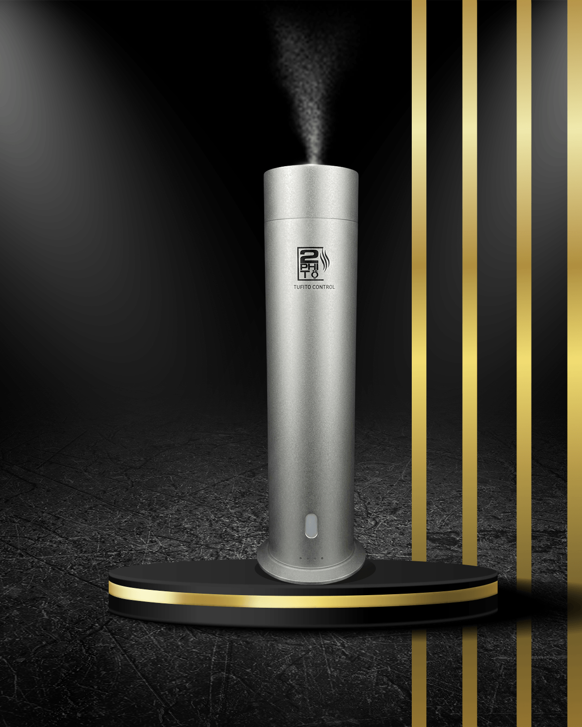 Brisa Aroma Jr. – Difusor de Aroma Compacto en un elegante fondo oscuro con detalles dorados.