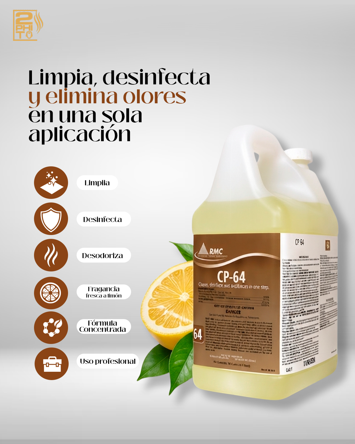 Botella de limpiador CP-64 Disinfectant con limón y propiedades desinfectantes para uso profesional.