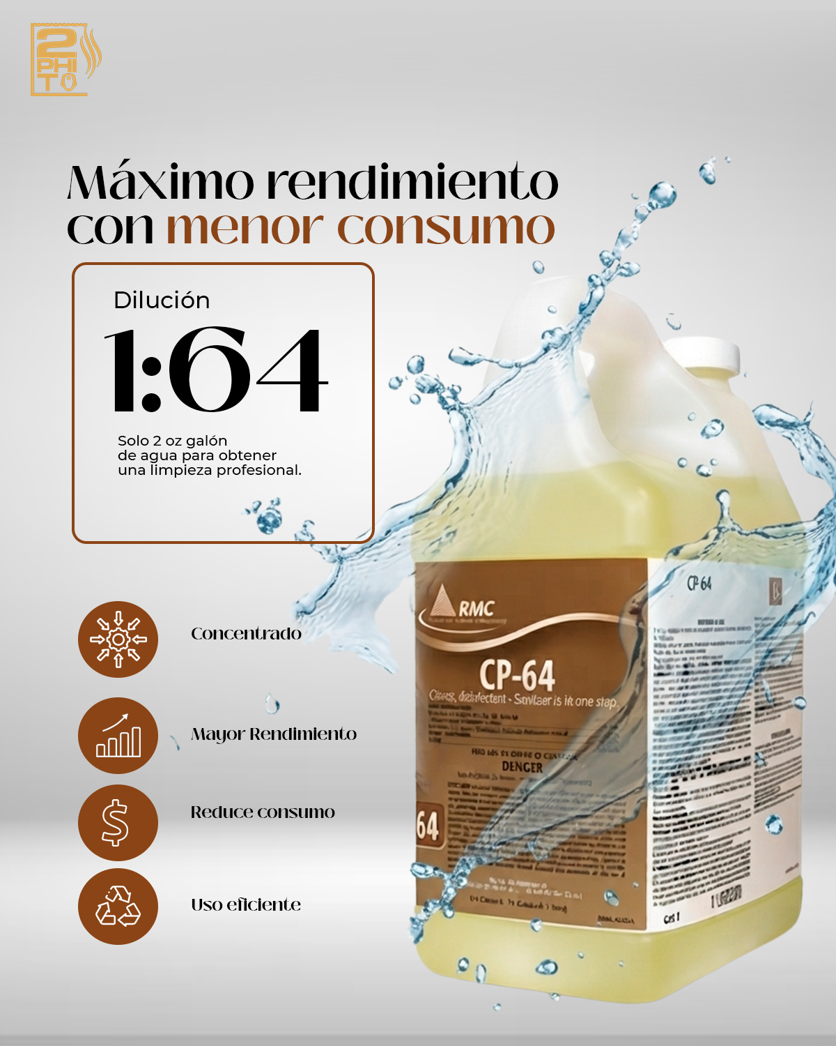 Botella de limpiador CP-64 Disinfectant con instrucciones de dilución 1:64 para una limpieza profesional.