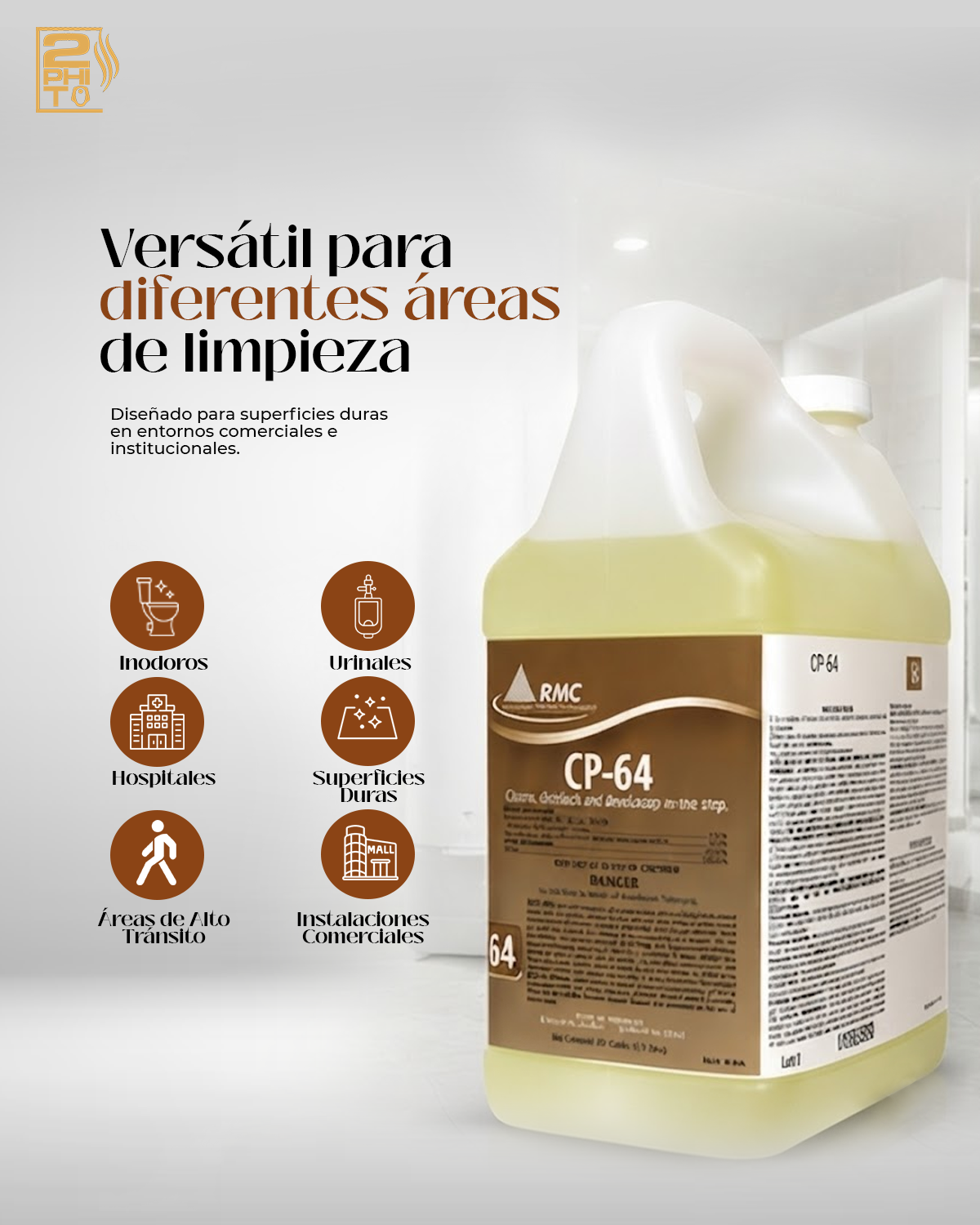 Botella de limpiador CP-64 Disinfectant, versátil para diferentes áreas de limpieza en entornos comerciales e institucionales.