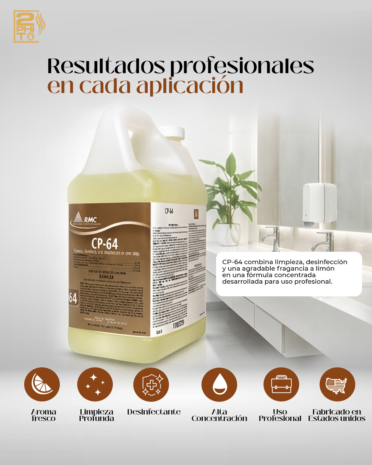 CP-64 Disinfectant en envase de 12 galones, limpiador eficaz con aroma a limón y propiedades de limpieza superior.