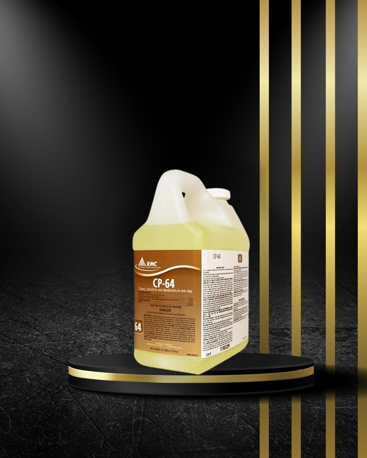 CP-64 Disinfectant en envase de 12 galones, limpiador potente con fragancia de limón y registro EPA.