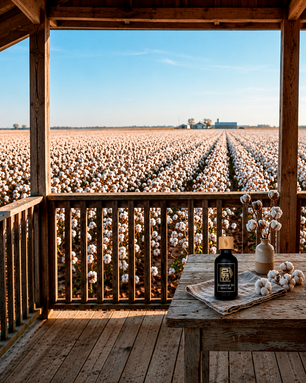 Imagen de un campo de algodón con botella de fragancia de algodón suave en primer plano.