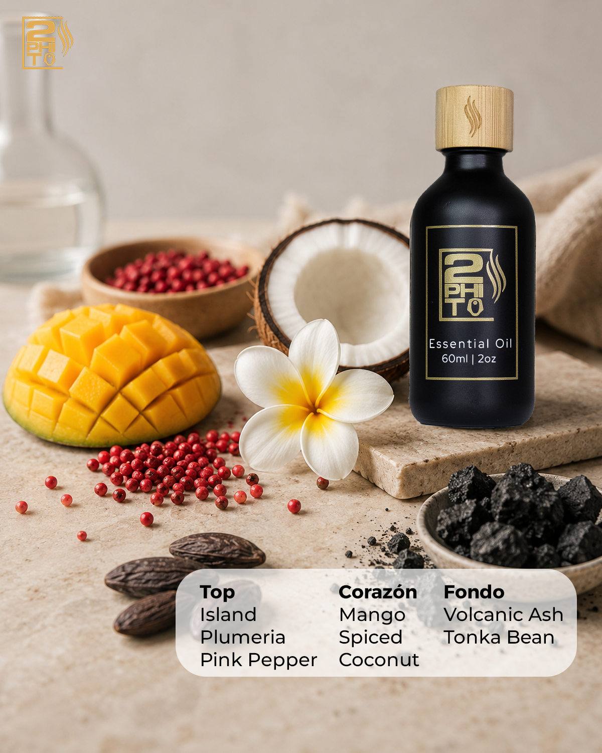 Aceite esencial 60ml con ingredientes como mango, coco especiado y flor de frangipani, fragancia aireada etérea.