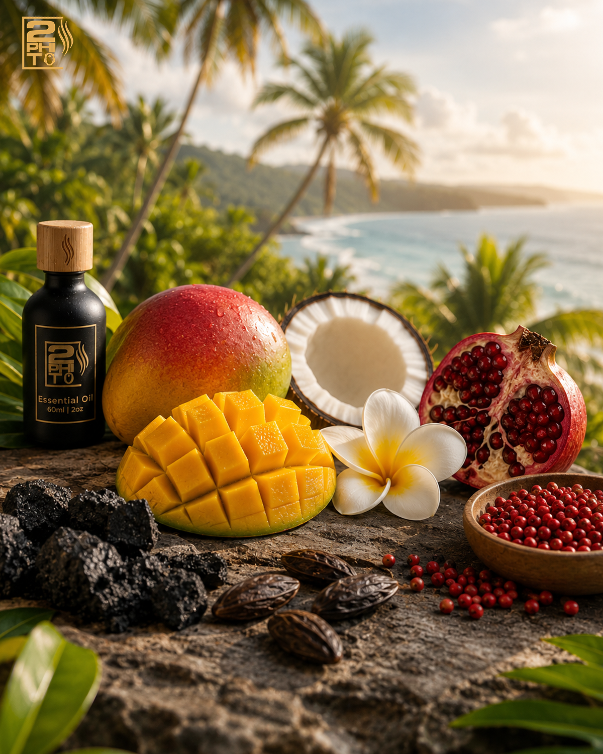 Fragancia aireada etérea con mango, coco, granada y flor en un entorno tropical.