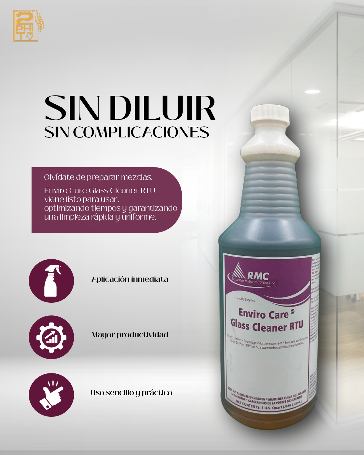 Botella de limpiador Enviro Care Glass Cleaner RTU, listo para usar y sin complicaciones.