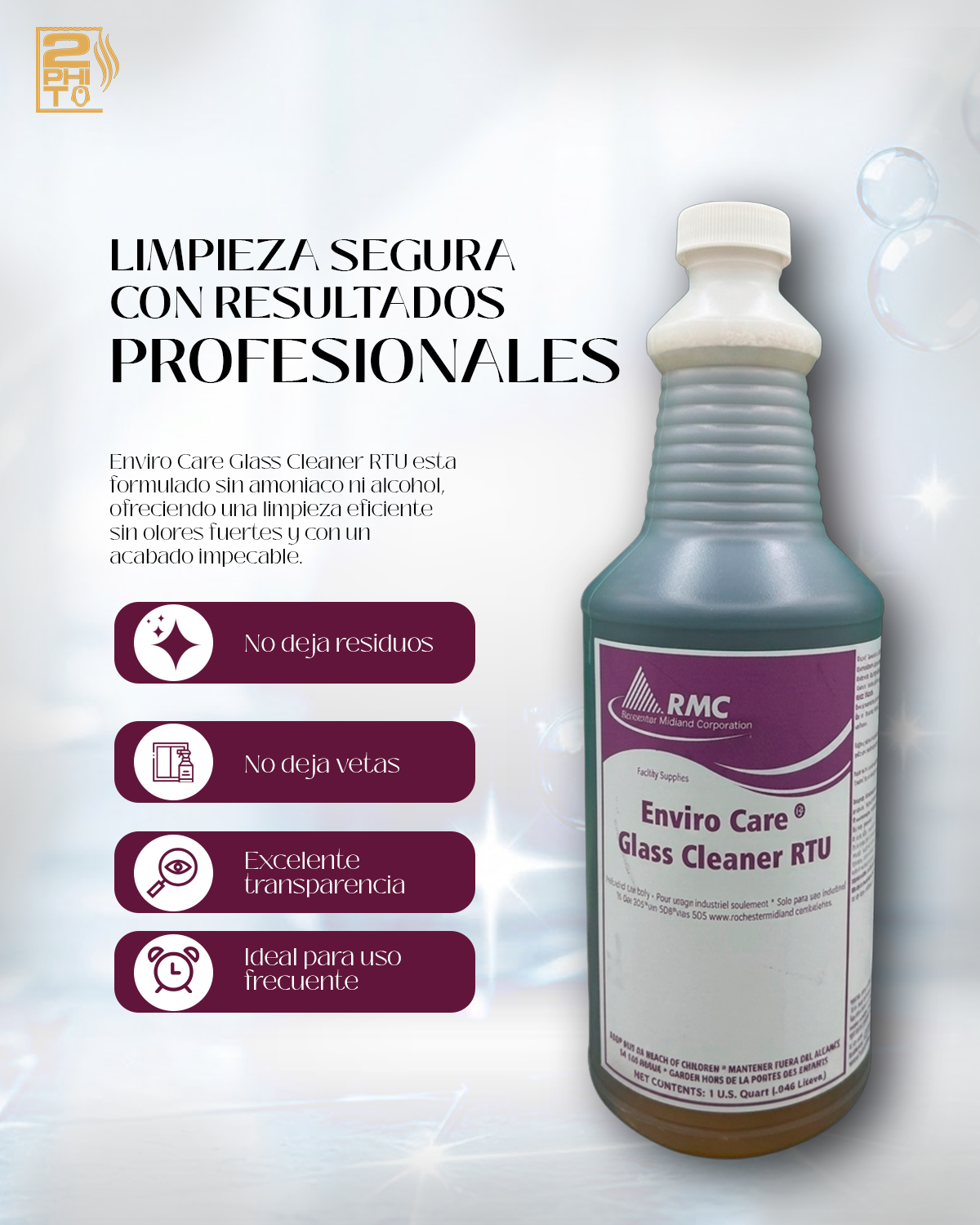 Enviro Care Glass Cleaner RTU, limpieza segura y efectiva para cristales, sin vetas y con excelente transparencia.