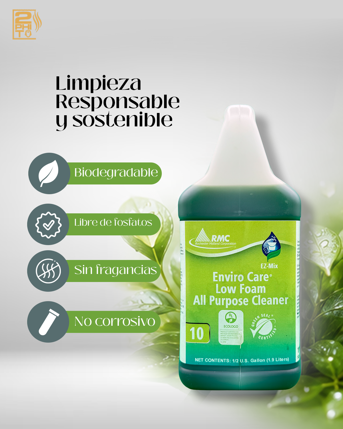 Enviro Care Low Foam All Purpose Cleaner 12GAL EZ-MIX botella con etiquetas biodegradables y características sostenibles.