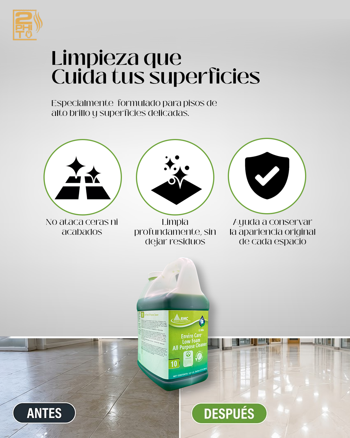 Enviro Care Low Foam All Purpose Cleaner 12GAL EZ-MIX en imagen que destaca su uso en superficies delicadas.