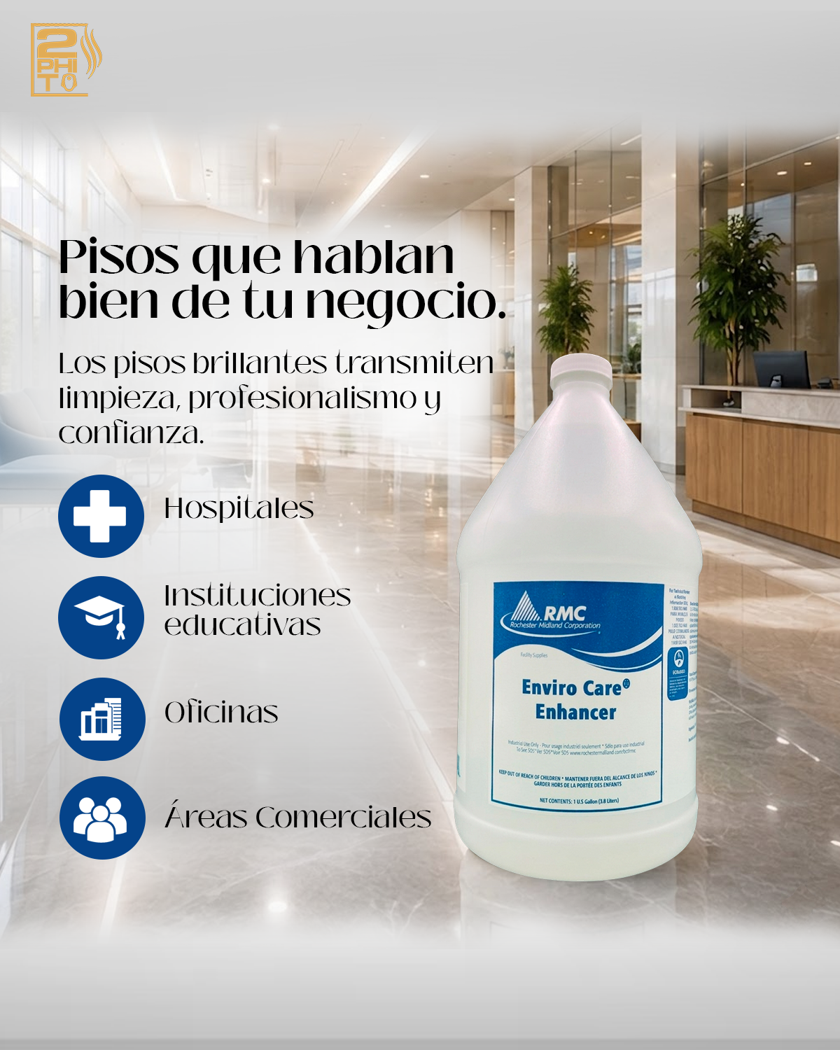 Enviro Care Enhancer 1GAL en un entorno moderno, ideal para mantener pisos brillantes y limpios.