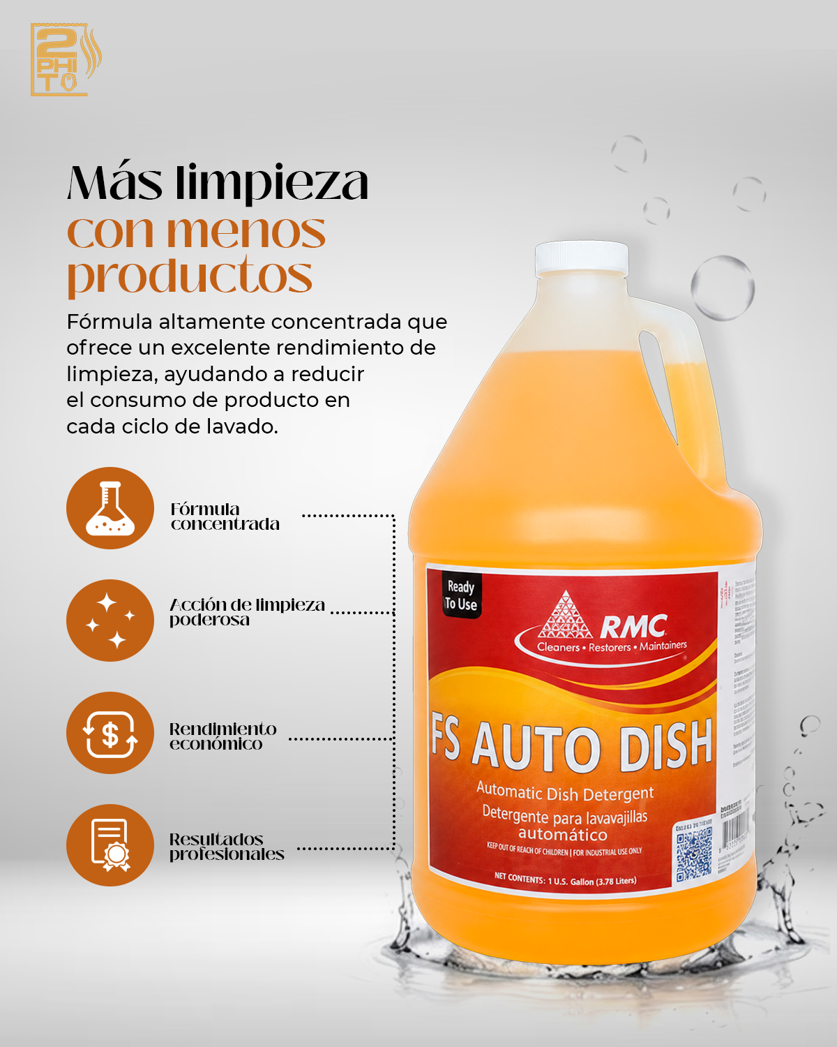 Botella de FS Auto Dish Clean 1GAL, detergente automático para lavavajillas, fórmula concentrada y eficiente.