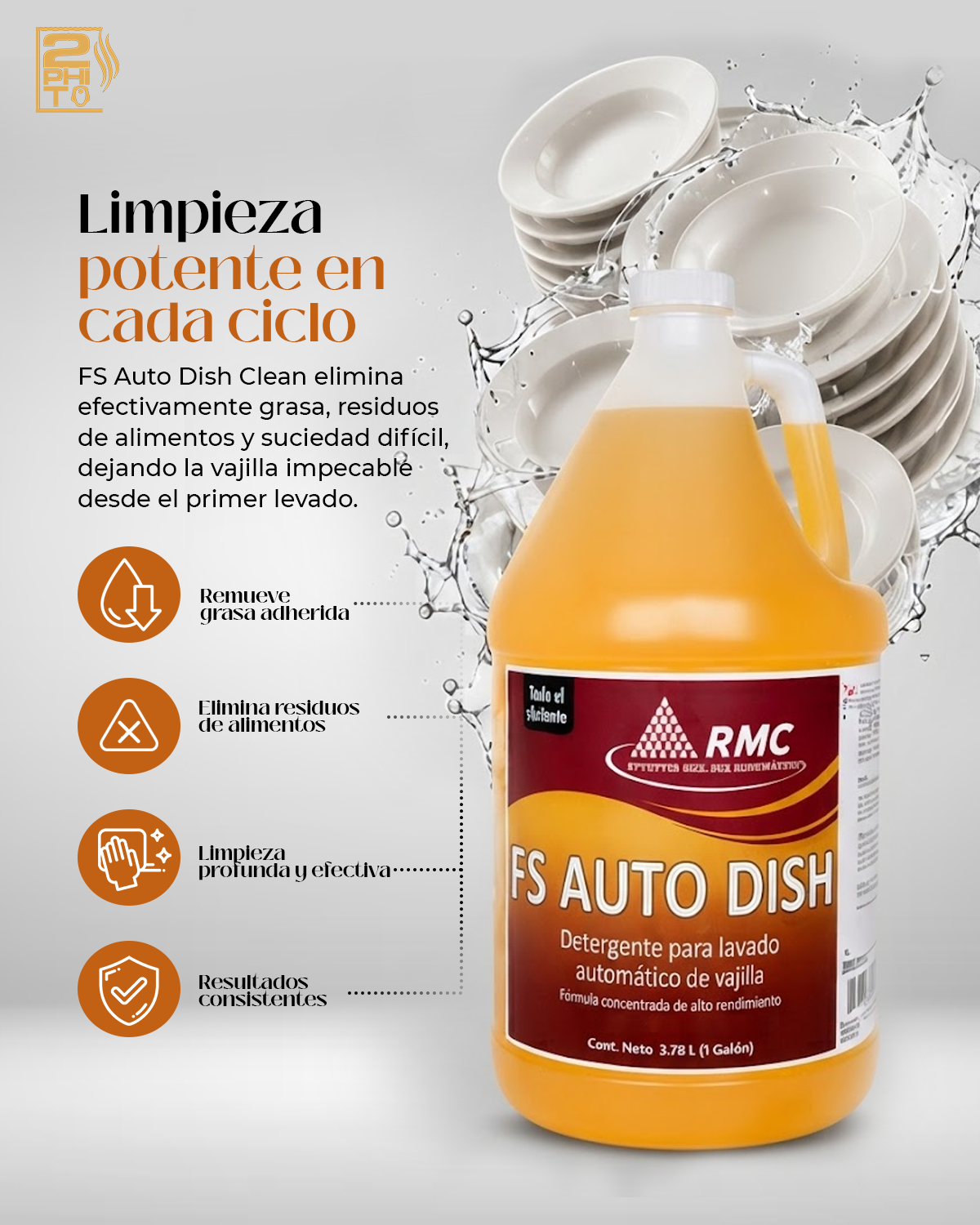 FS Auto Dish Clean 1GAL – potente detergente para lavar platos, elimina grasa y residuos en cada ciclo.