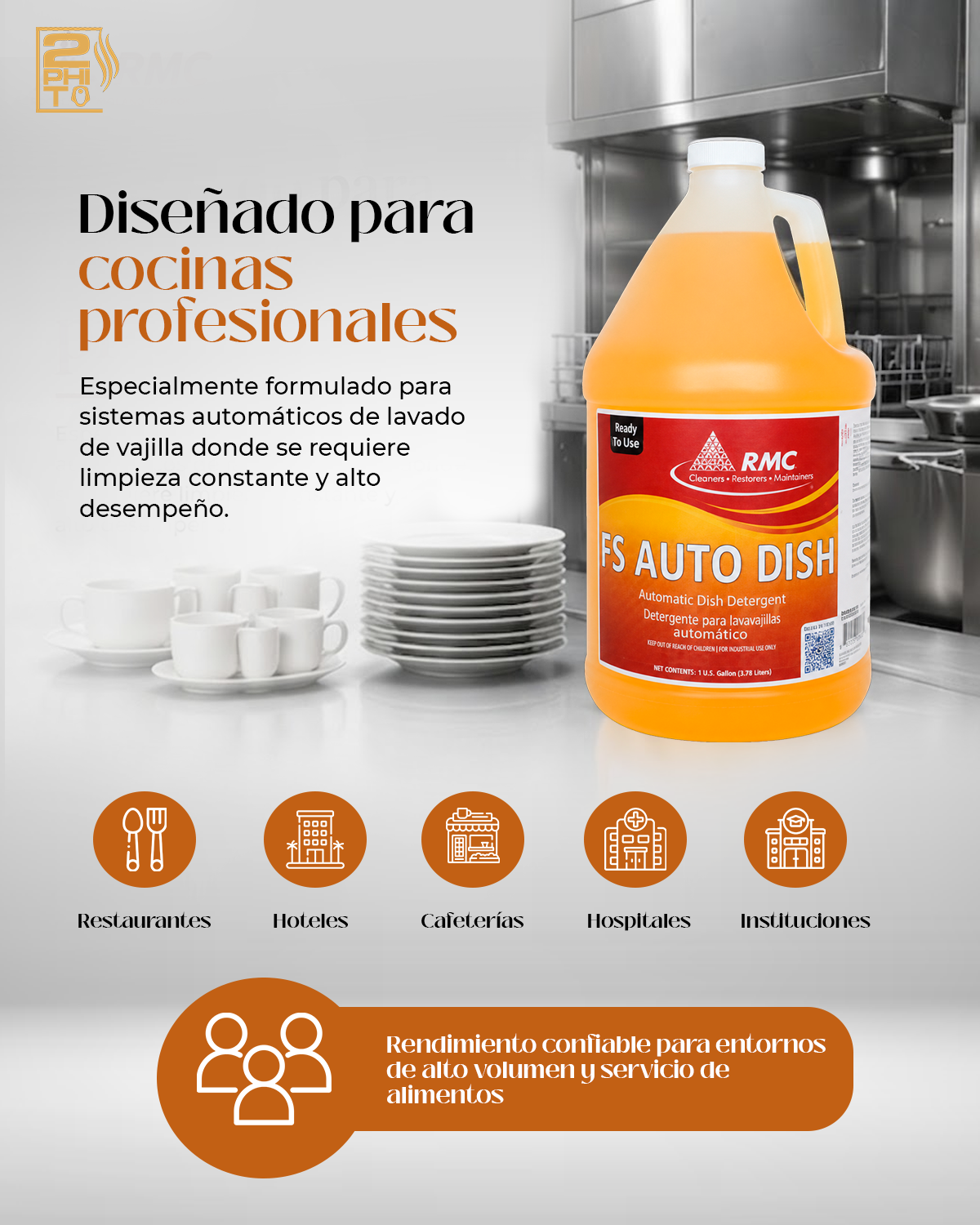 FS Auto Dish Clean 1GAL en cocina profesional, detergente para lavavajillas eficaz en restaurantes y hotels.