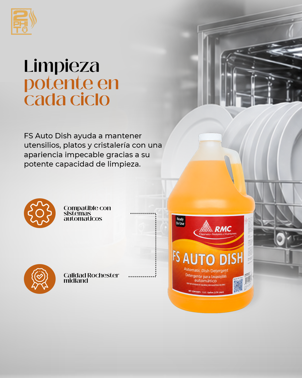 Imagen del limpiador FS Auto Dish Clean 1GAL, detergente eficaz para lavavajillas y utensilios de cocina.