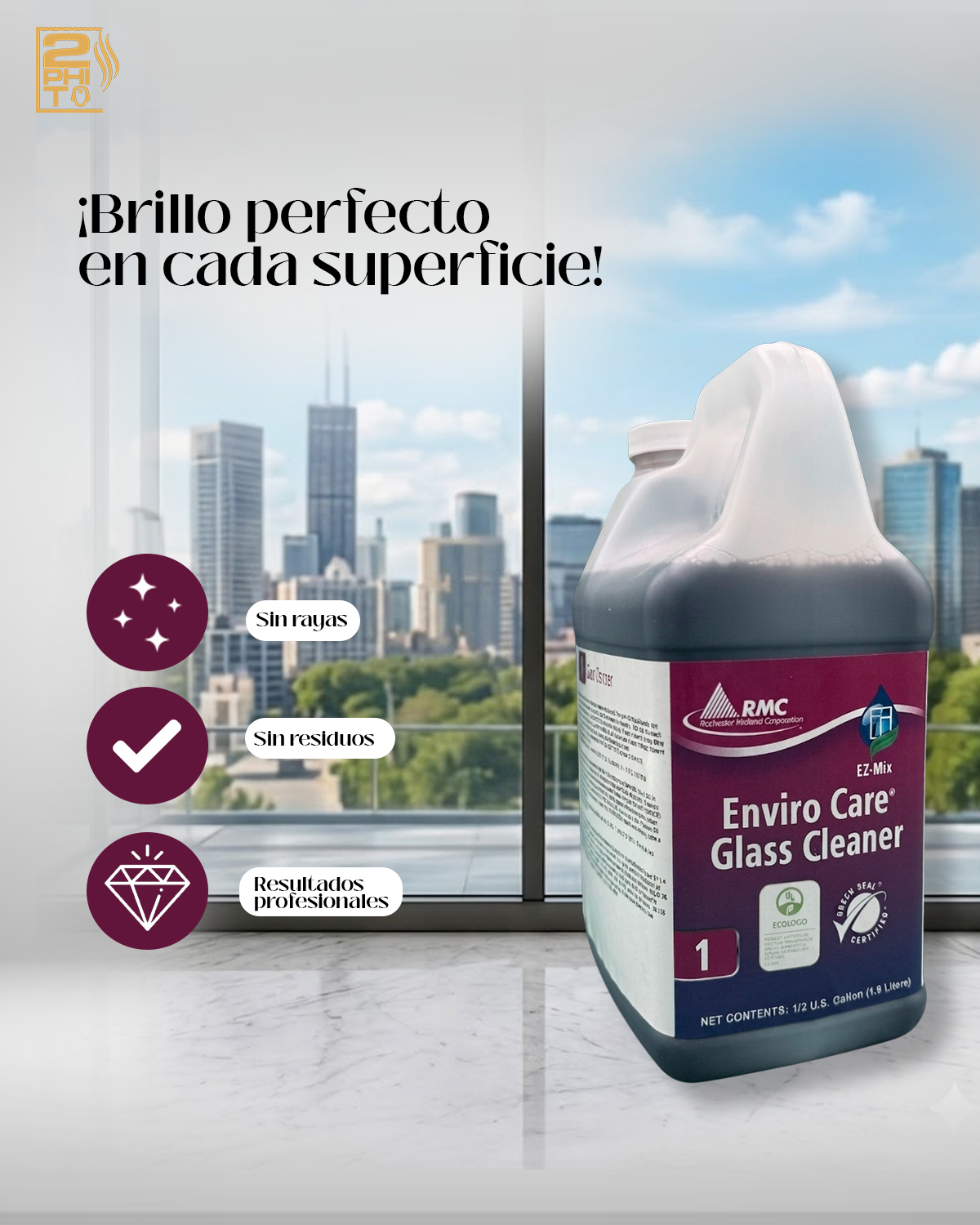 Enviro Care Glass Cleaner en envase, destacando brillo perfecto y uso en superficies sin rayas.
