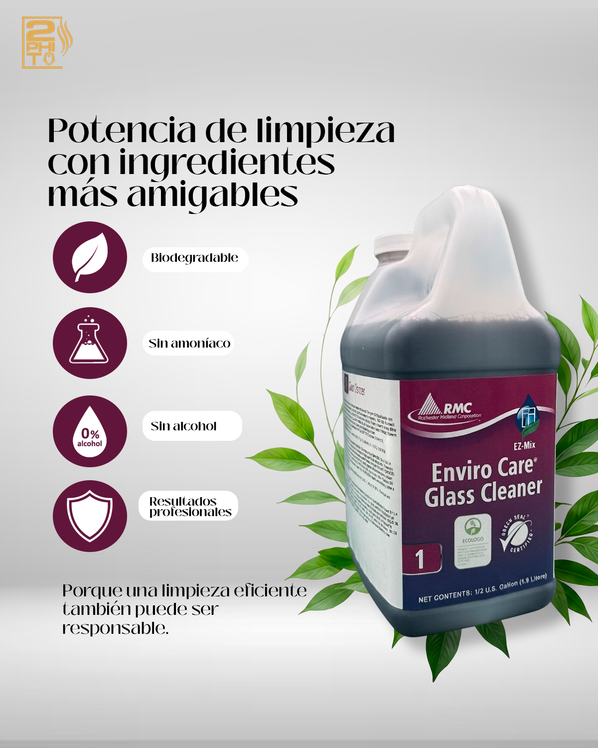 Enviro Care Glass Cleaner en envase con características biodegradables y eco-amigables para limpieza efectiva.