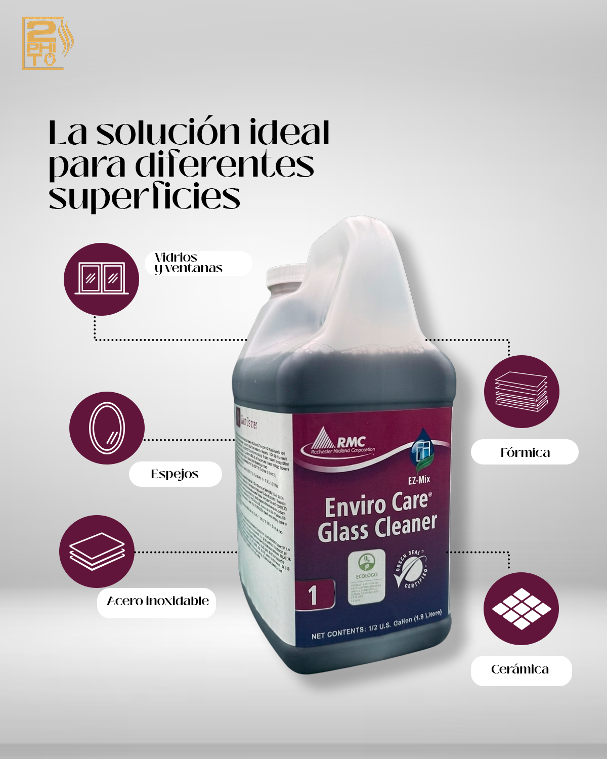 Enviro Care Glass Cleaner en envase, ideal para limpiar diversas superficies como vidrios y cerámica.