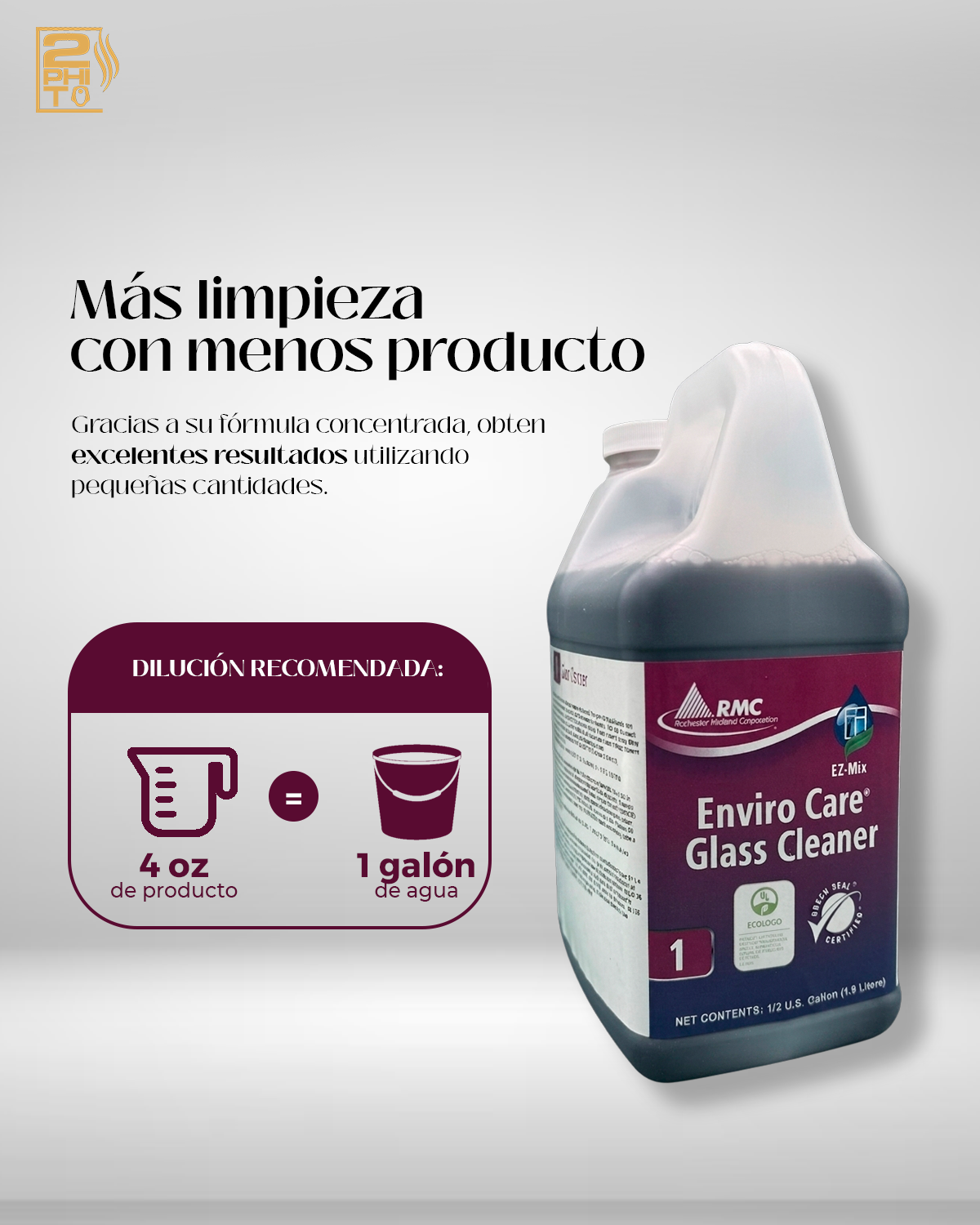 Enviro Care Glass Cleaner, limpiador de vidrios concentrado para obtener excelentes resultados.