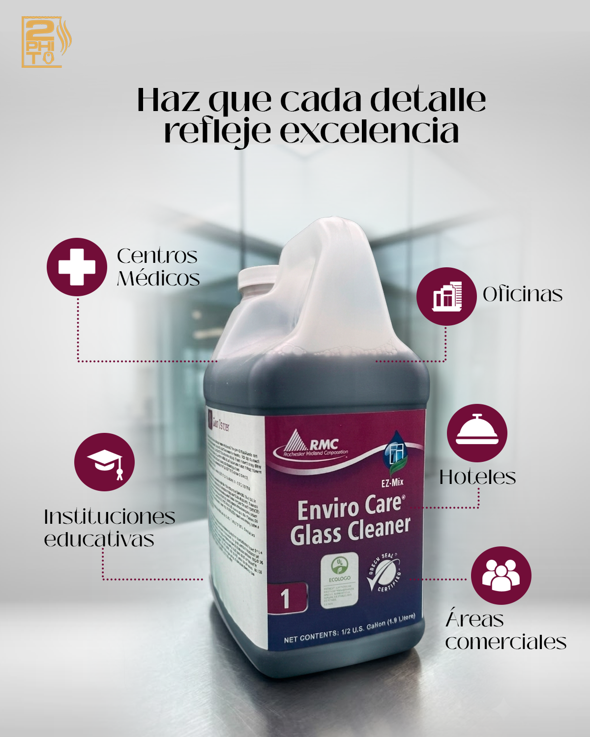 Enviro Care Glass Cleaner en envase, ideal para limpieza de centros médicos, oficinas, hoteles e instituciones educativas.