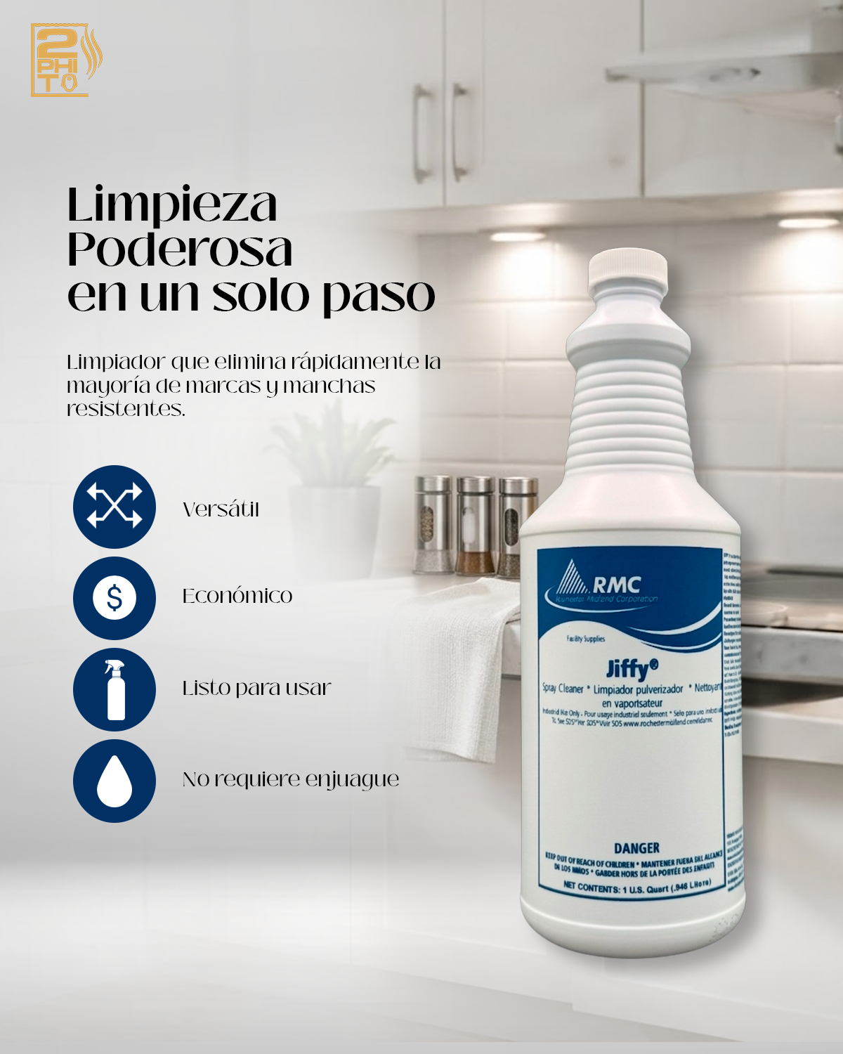 Botella de JIFFY 1QUART, solución de limpieza rápida para manchas resistentes en el hogar.