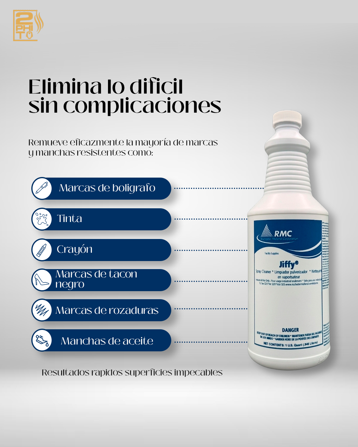 Botella de JIFFY 1QUART, solución de limpieza rápida y efectiva para marcas difíciles.