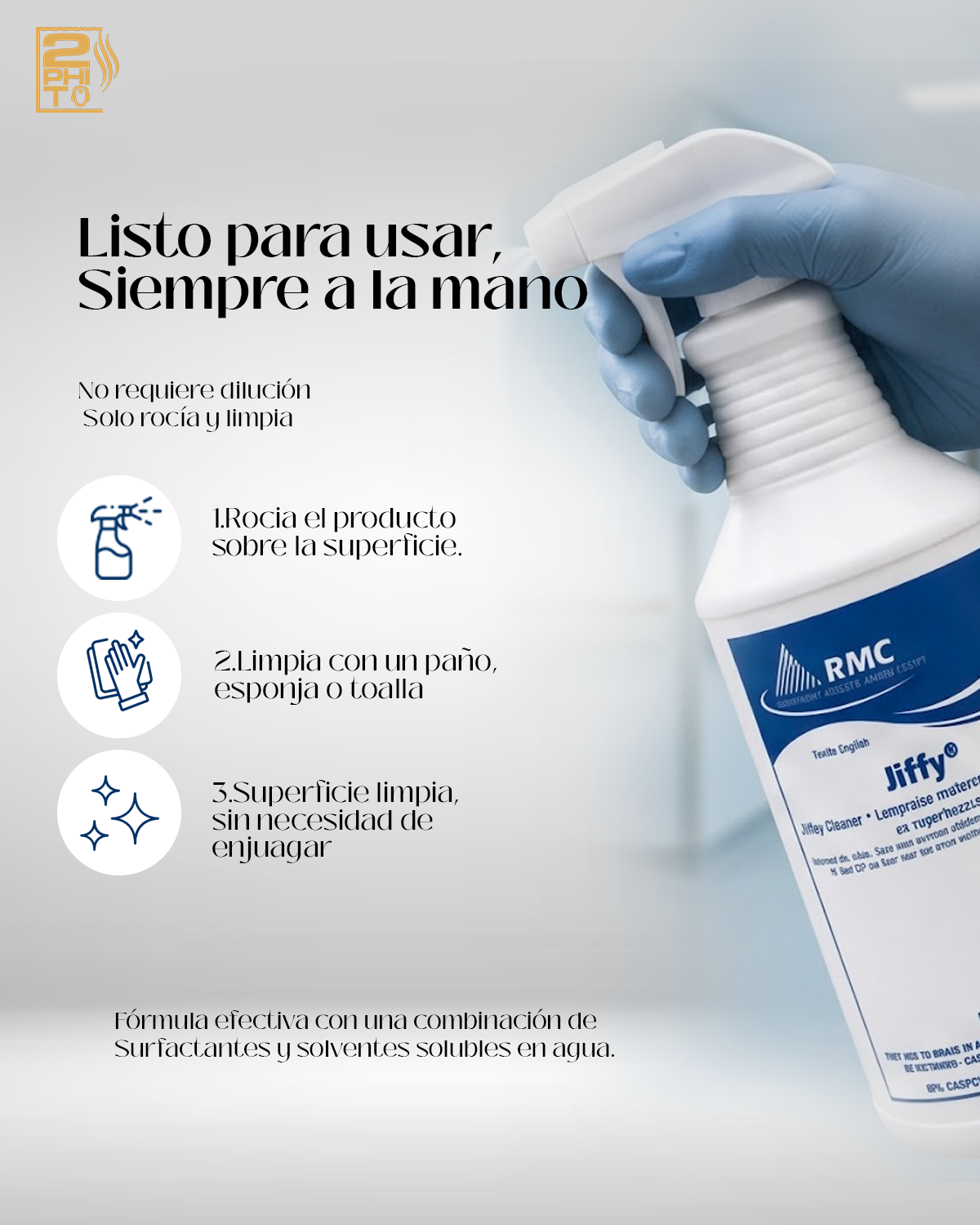 Spray de limpieza JIFFY 1QUART listo para usar, con instrucciones para una limpieza rápida y efectiva.