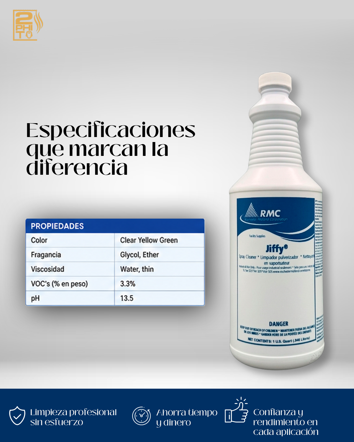 Botella de JIFFY 1QUART con especificaciones técnicas de limpieza para rendimiento efectivo.