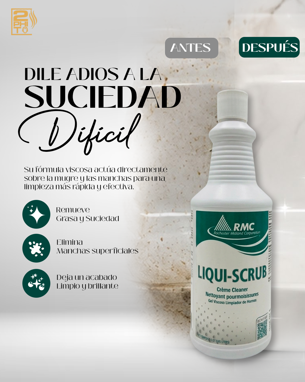 Limpiador en crema para baños Liqui Scrub, elimina manchas y suciedad, deja superficies limpias y brillantes.