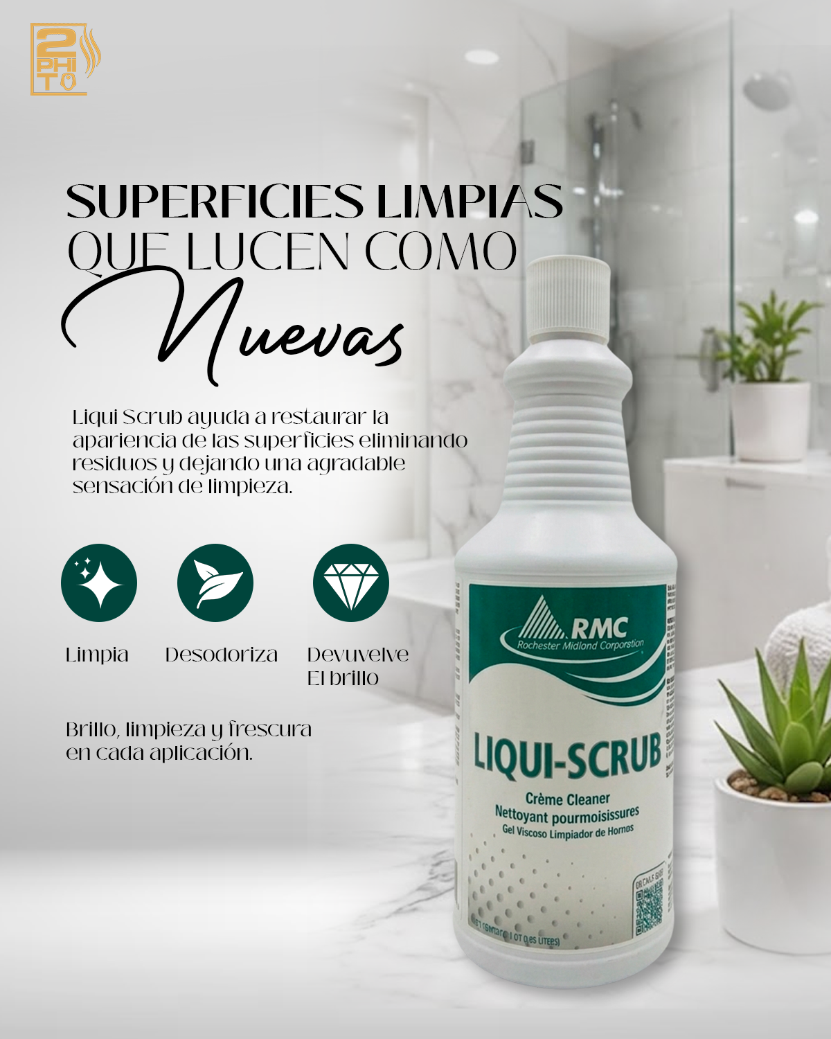 Limpiador en crema para baños Liqui Scrub en botella con información sobre limpieza y brillo.