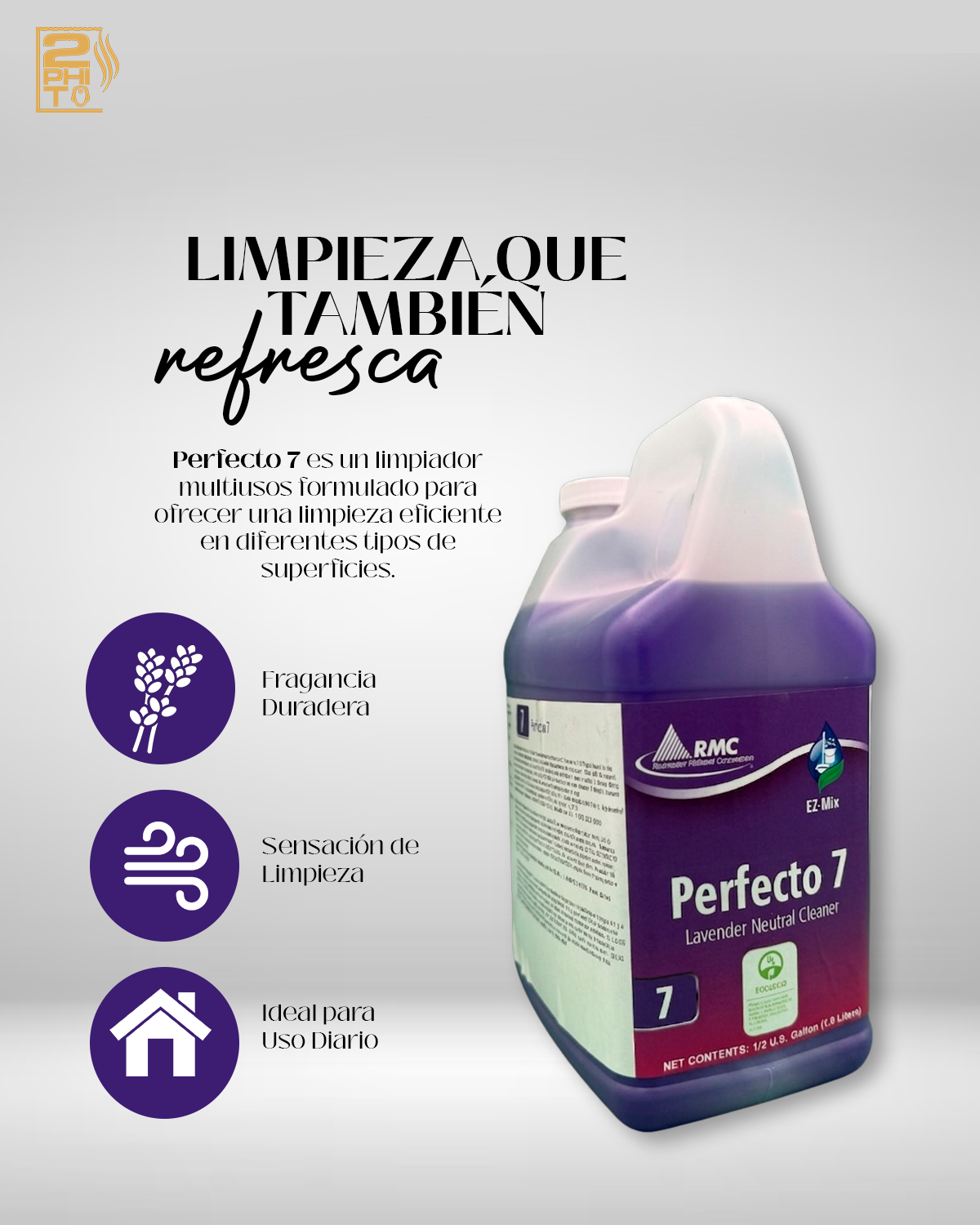 Limpiador multiusos aroma a lavanda Perfecto 7 en envase de 3.78 litros, ideal para limpieza eficiente y diaria.