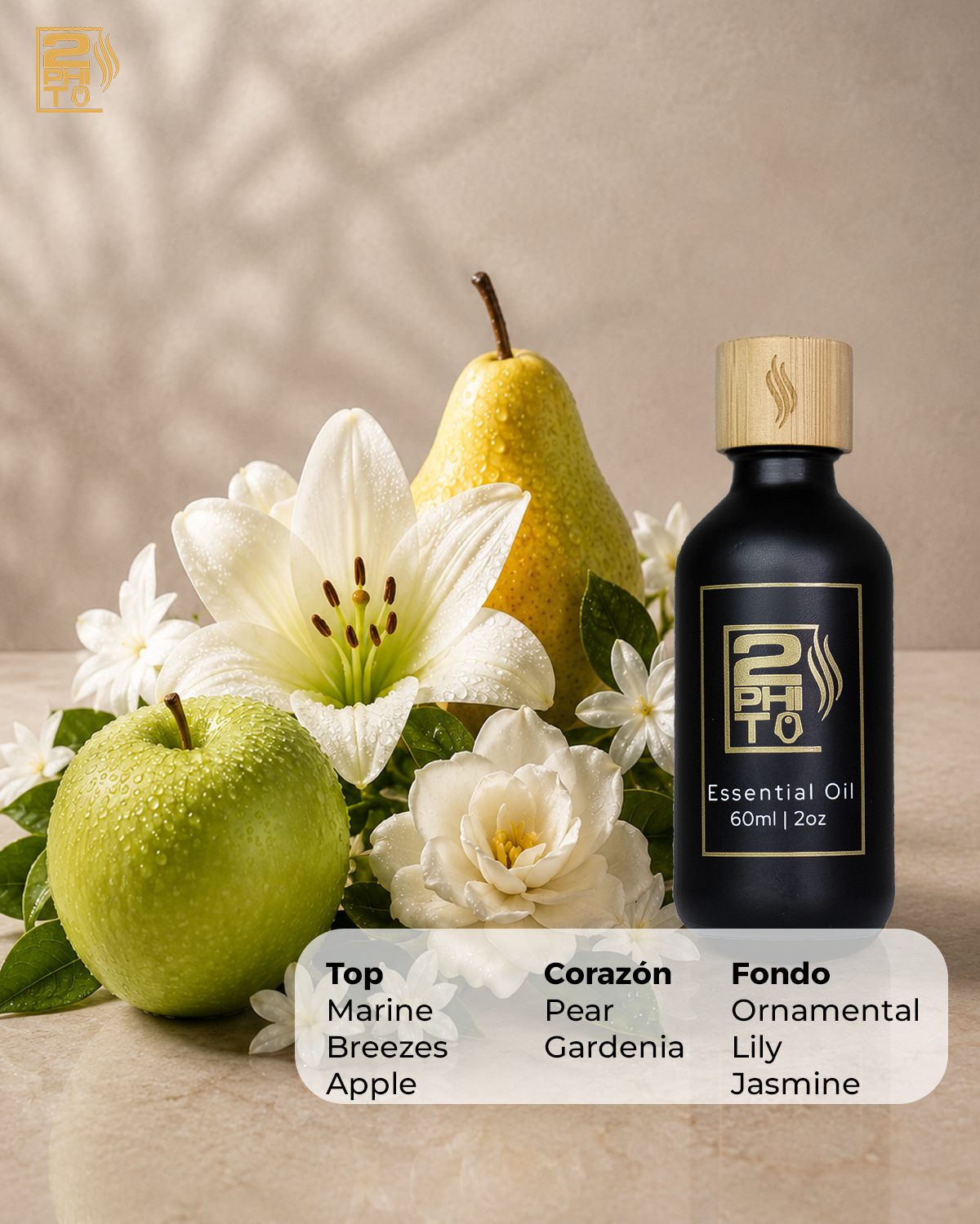 Frascos de aceite esencial rodeados de flores, con fragancia fresca acuática en un fondo elegante.