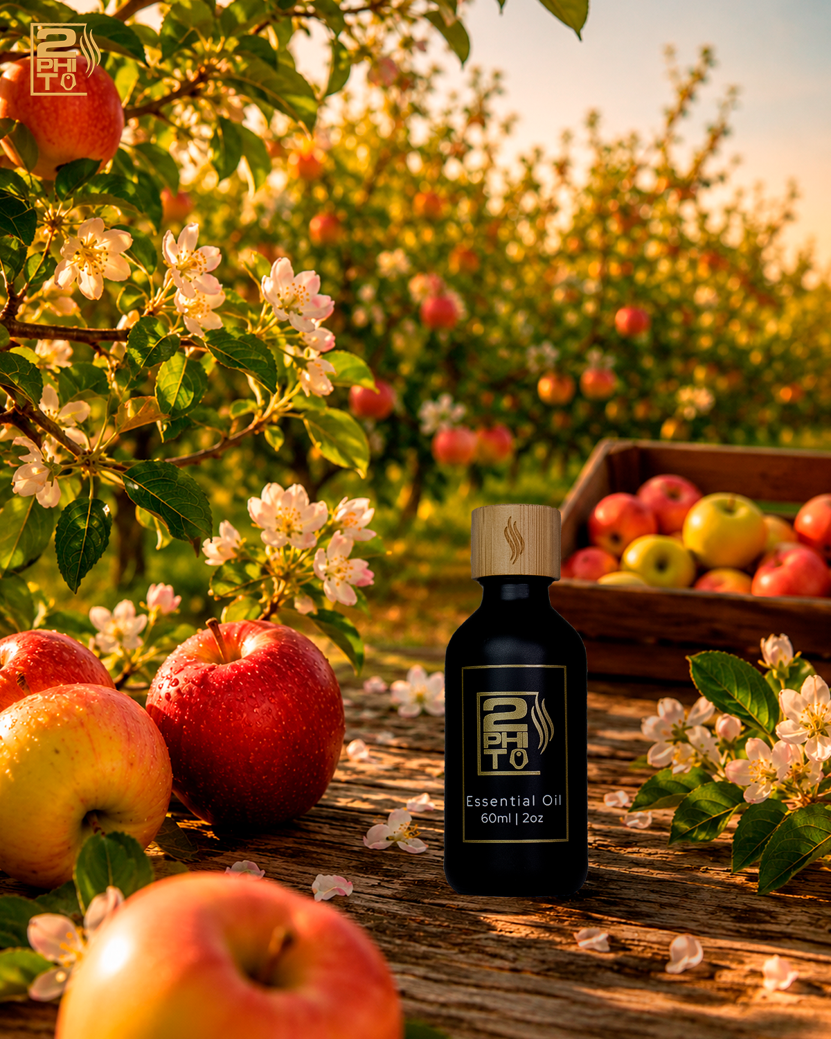 Frascos de aceite esencial de 60ml rodeados de manzanas frescas y flores en un campo soleado.