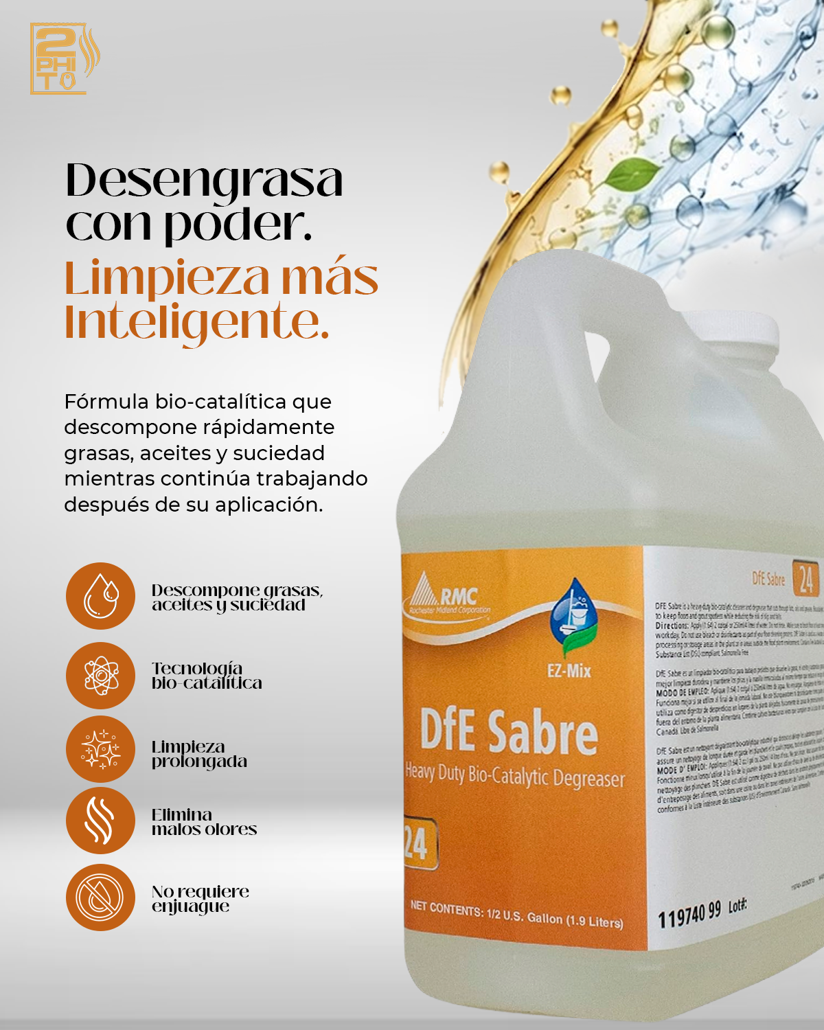 DFE Sabre Heavy Duty Degreaser EZ MIX en envase de 1/2GAL para limpieza efectiva de grasas y aceites.