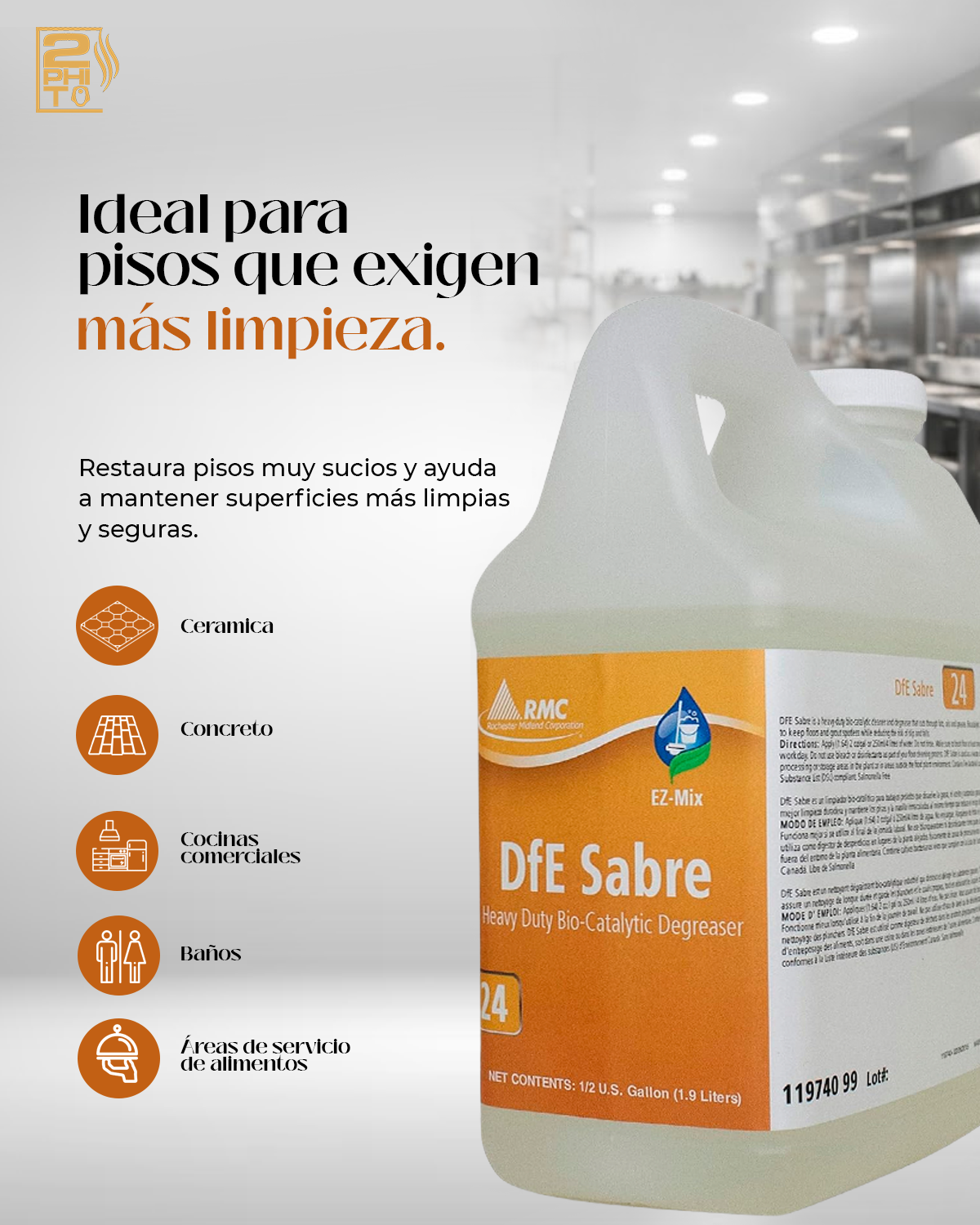 Botella de DFE Sabre Heavy Duty Degreaser para limpiar pisos en establecimientos de alimentos.