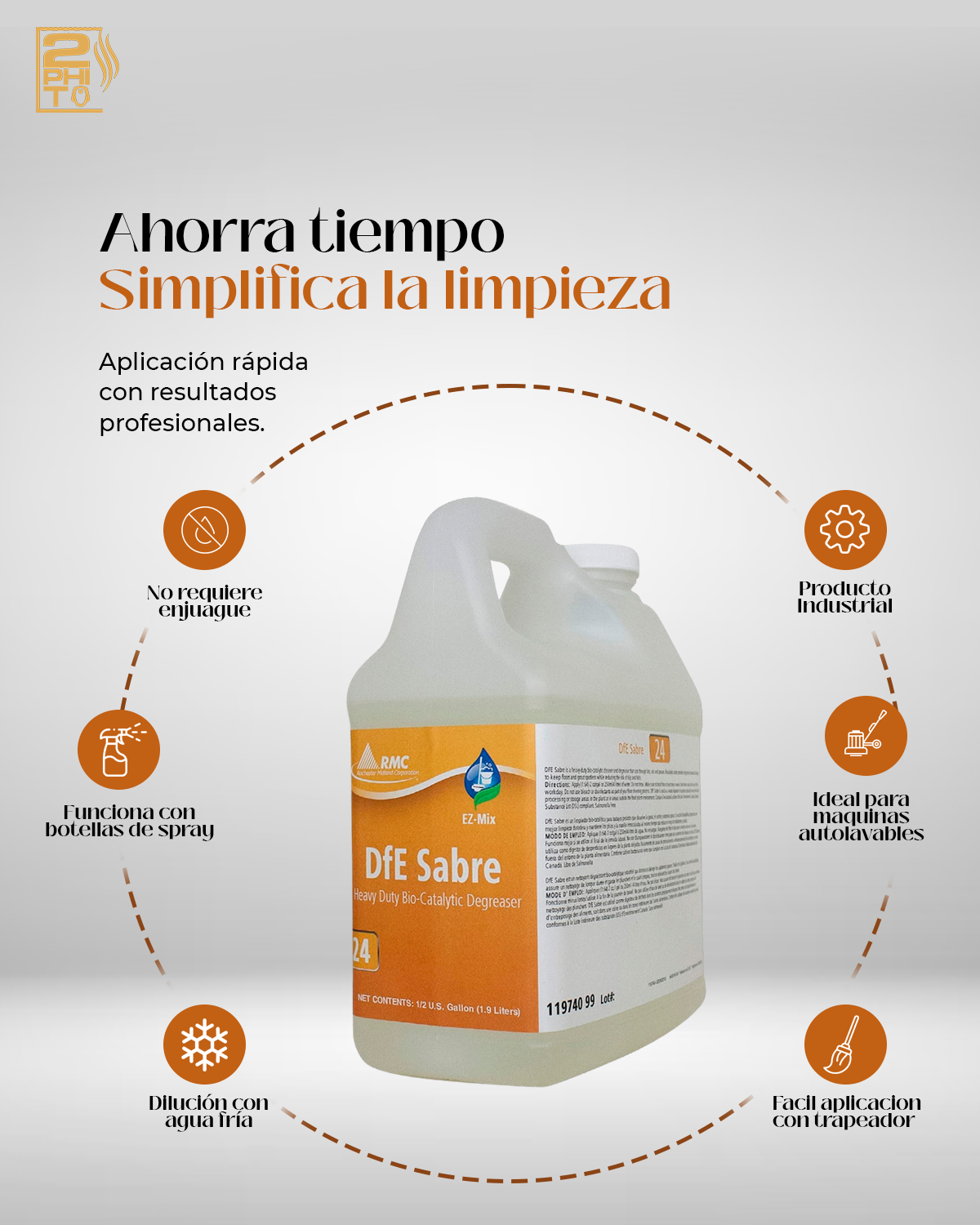 DFE Sabre Heavy Duty Degreaser en envase de 1/2GAL, limpiador bio-catalítico para limpieza industrial.
