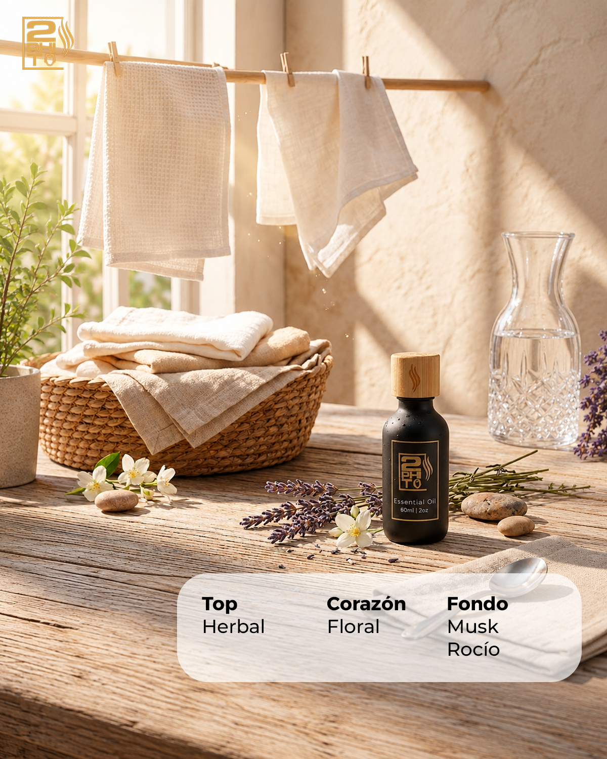 Botella de aceite esencial en un entorno cálido con fragancia ropa secada al sol, rodeada de flores y textiles.