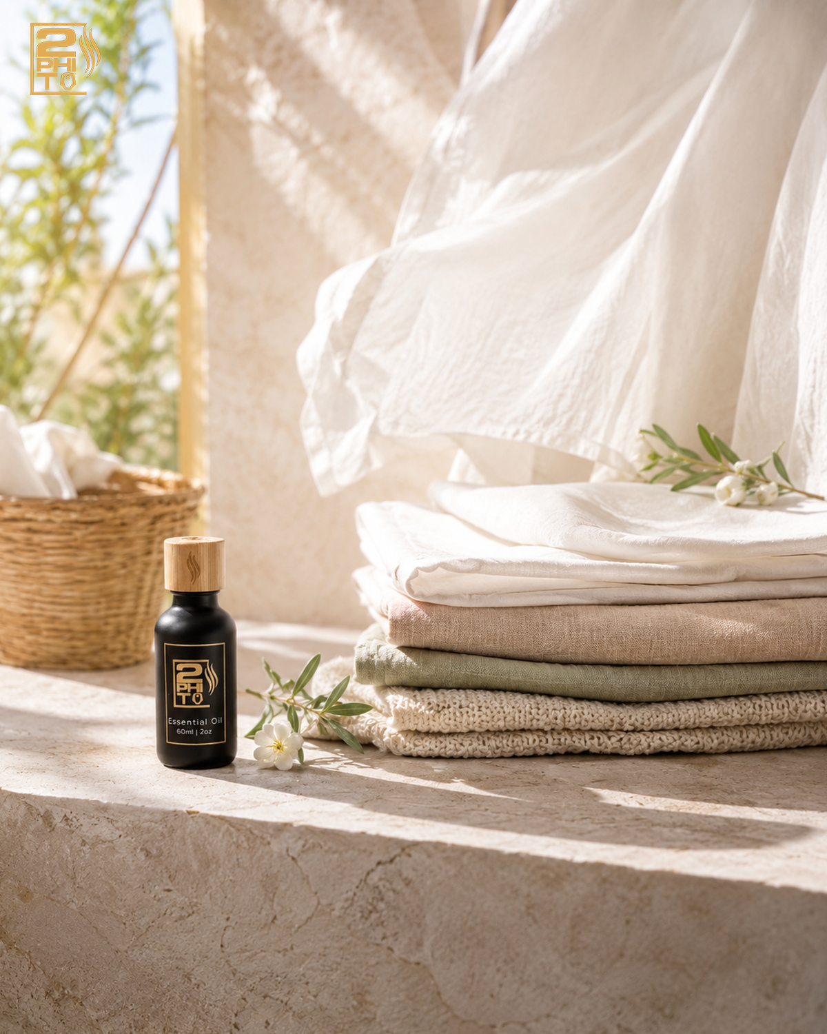 Fragancia ropa secada al sol en un entorno luminoso con ropa fresca y un suave aroma natural.