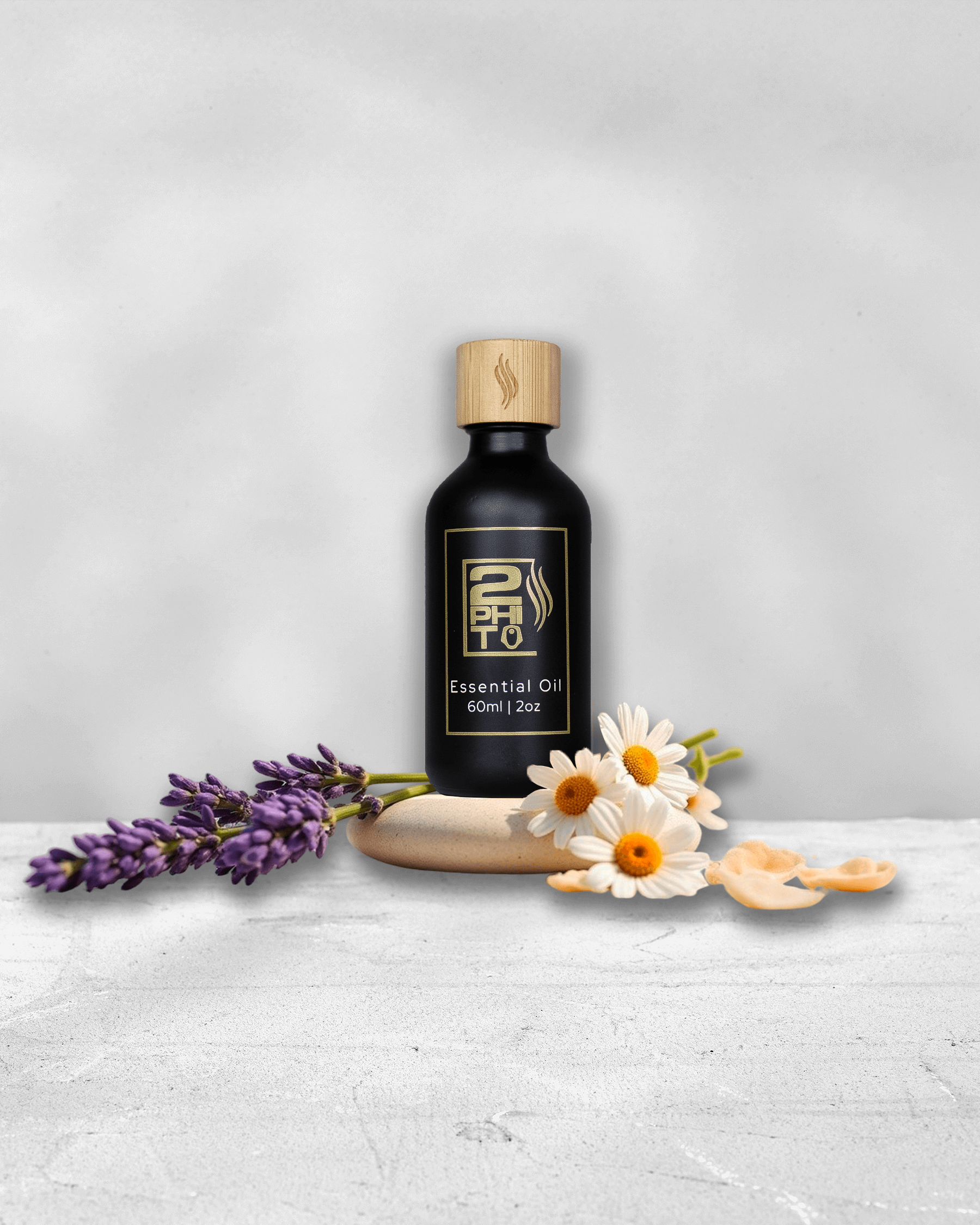 Essential oil bottle with flowers and lavender on a minimalistic background, showcasing relaxation and wellness.