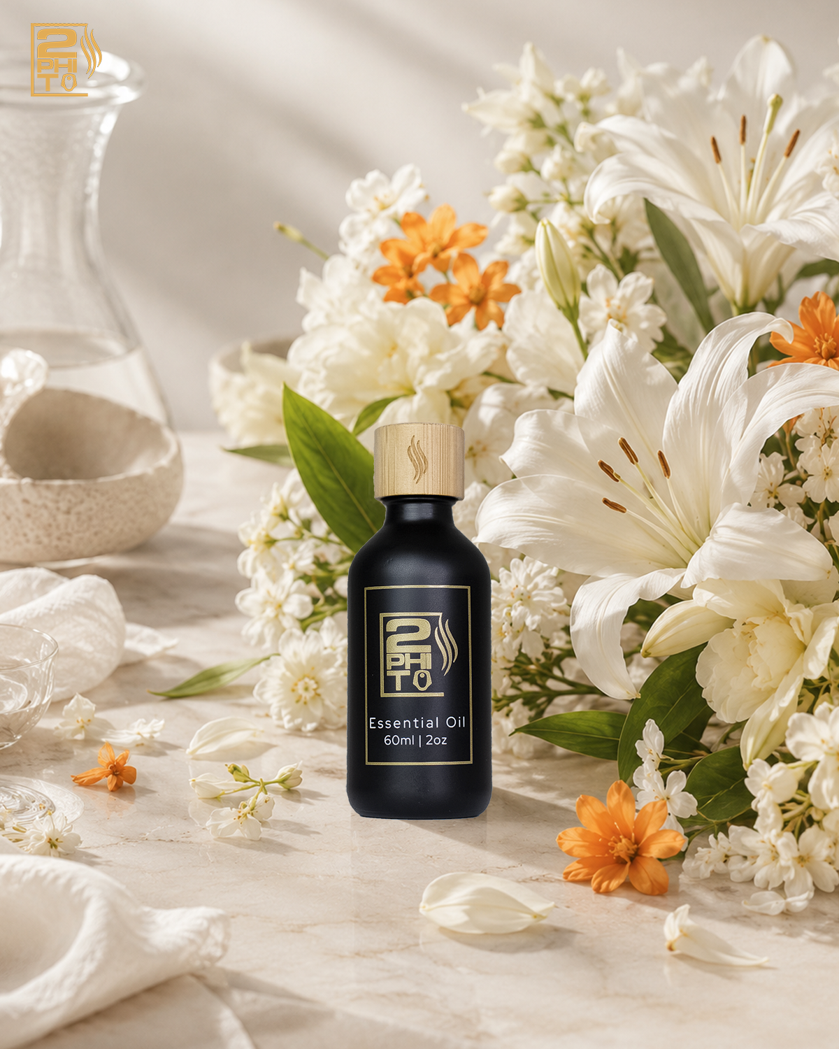White Drift – The Essence of Impeccable Freshness, botellas de aceite esencial rodeadas de flores frescas.